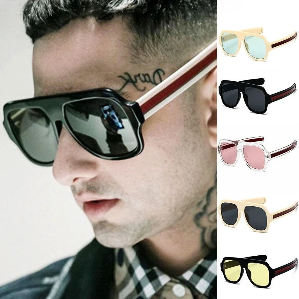 Sunglasses Retro Square Frame Striped Temple Men's Fashion Shades Gafas‎ Lentes